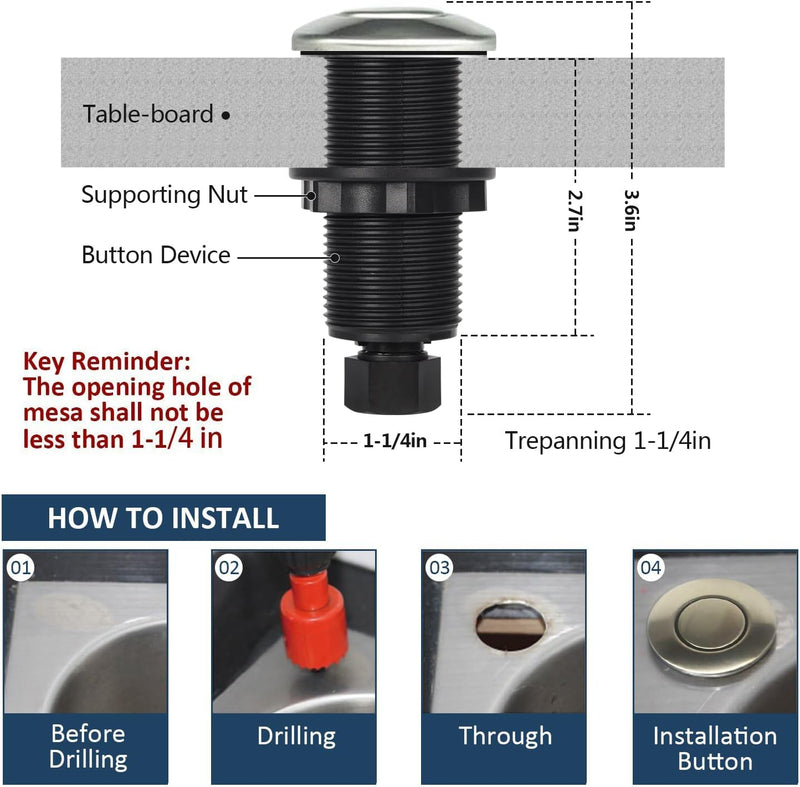 Garbage Disposal Air Switch Kit Sink Top Waste Disposal Long Stainless Steel Brushed Nickel On/Off Air Button Food and Waste Disposals Part by Etoolcity