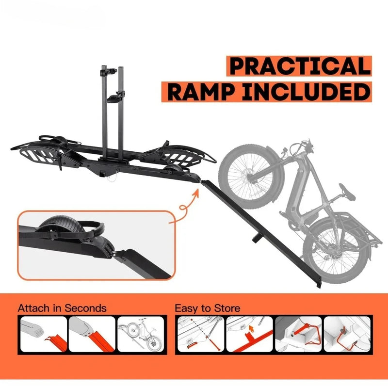 Cyberrack E2 Hitch 2 Ebike Rack with Ramp, 200 Lbs Capacity Electric Bike Carrier Foldable Platform Mount, up to 5-Inch Fat Tire