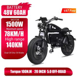 Hydraulic Brake1500W Motorbikes 60AH Ebike Adult Road Electric Bicycle 20 Inch Off-Road Fat Tyre Electric Bike Tandem  Ebikes