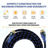 20Ft HDMI Cable 4K@60Hz Ultra HD, High Speed with Ethernet HDMI Cable Braided Nylon & Gold Connectors, ARC, CL3 Rated - Compatible with TV, PC, Monitor, Laptops, PS3, PS5, PS4