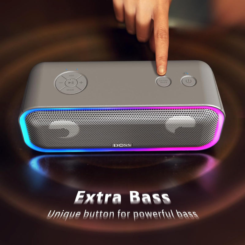 DOSS Soundbox Pro+ Bluetooth Speaker with 24W Impressive Sound, Booming Bass, IPX6 Waterproof, 15Hrs Playtime, Wireless Stereo Pairing, Mixed Colors Lights, 66 FT- Grey