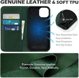 SHIELDON Case for Iphone 13, Genuine Leather Wallet Folding Case with Kickstand RFID Blocking Card Slots Magnetic Shockproof Cover Compatible with Iphone 13 5G (6.1" 2021) - Midnight Green