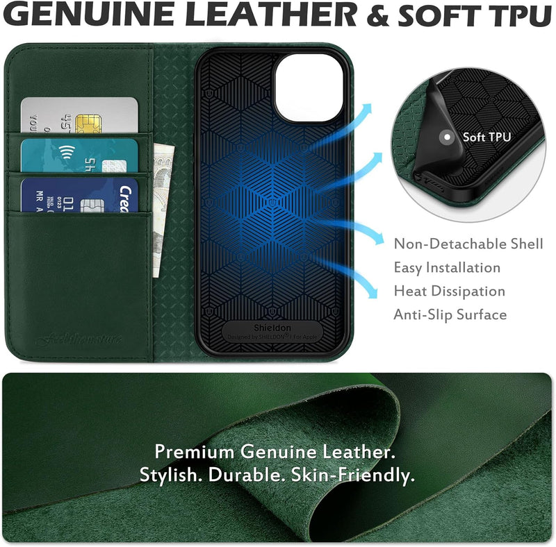 SHIELDON Case for Iphone 13, Genuine Leather Wallet Folding Case with Kickstand RFID Blocking Card Slots Magnetic Shockproof Cover Compatible with Iphone 13 5G (6.1" 2021) - Midnight Green