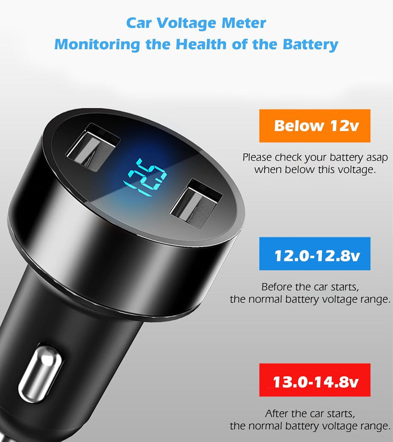 LIHAN Dual USB Car Charger, 4.8A Output, 12/24 Volt USB Adapter Plug for Cigarette Lighter Voltage Meter, Compatible with Iphone,Ipad, Samsung Galaxy, LG, Google, Black