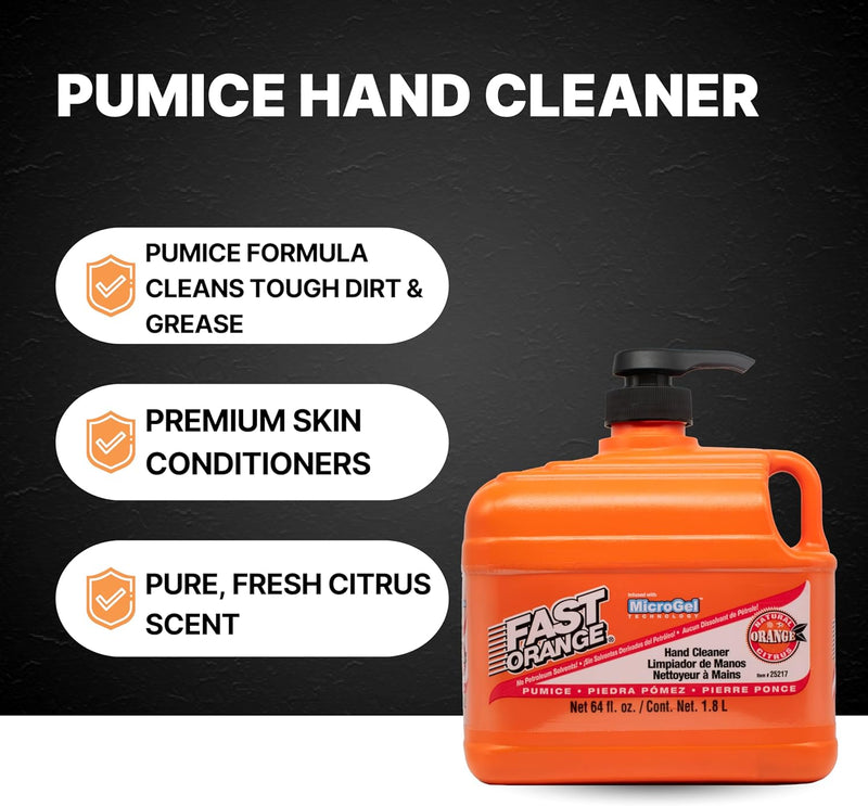 Fast Orange Permatex 25217 Pumice Lotion, Heavy Duty Hand Cleaner, Natural Citrus Scent, Waterless Cleaner for Mechanics, Strong Grease Fighter, 1/2 Gallon, Orange, 64 Fl Oz (Pack of 1)