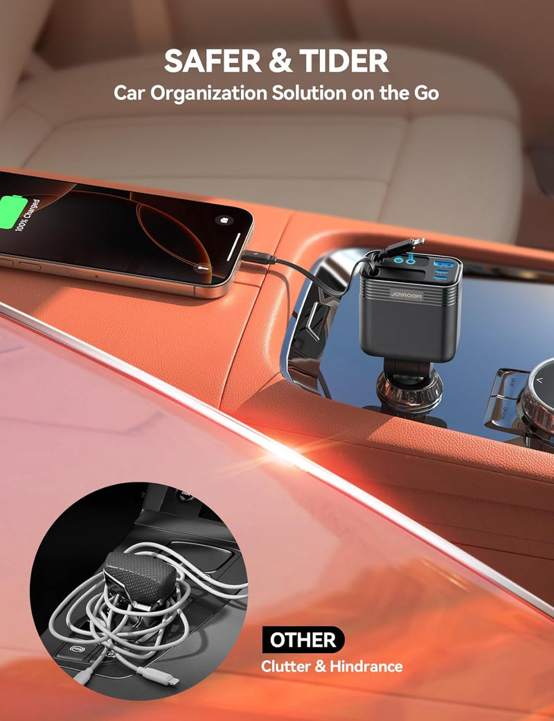 JOYROOM Retractable 5 Port 66W USB C Car Charger - Fast Charging for Iphone 16/15/14 Pro Max, Samsung S24