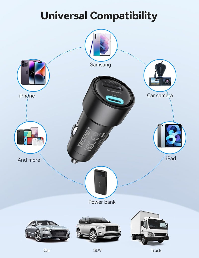 TECKNET USB C Car Charger [2Pack], 48W 2-Port Cigarette Lighter Fast Chargering, PD&QC3.0 USBC Car Charger Adapter Compatible with Iphone 16/15 Plus/15/14/13 Galaxy