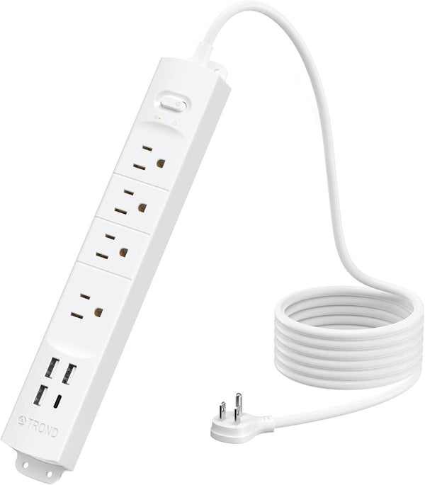 TROND Surge Protector Power Strip with USB, Ultra Thin Flat Plug 6Ft Extension Cord 1625W, 3 USB a & 1 Type C, 4 AC Outlets 1440J Surge Protection ETL Listed, Wall Mount for Home Office Dorm, White