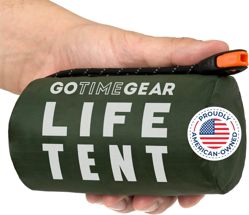 Go Time Gear Survival Life Tent • 2 Person Mylar Emergency Shelter Tube Tent + Paracord • All-Weather Protection for Camping, Hiking, & Survival Kits • Includes Emergency Whistle