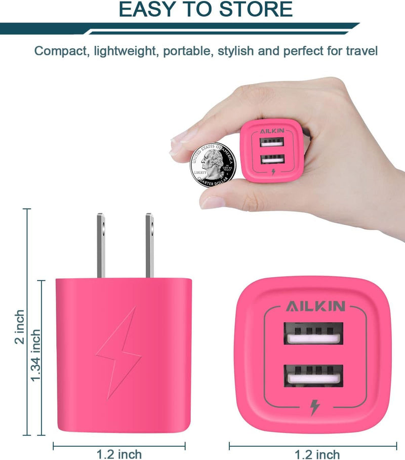 Wall Charger, AILKIN USB Plug Fast Charging Block, Power Adapter Cube 2 Port Charge Travel Brick Cell Quick Chargers Box for Iphone Samsung Galaxy USB Box Base Brick