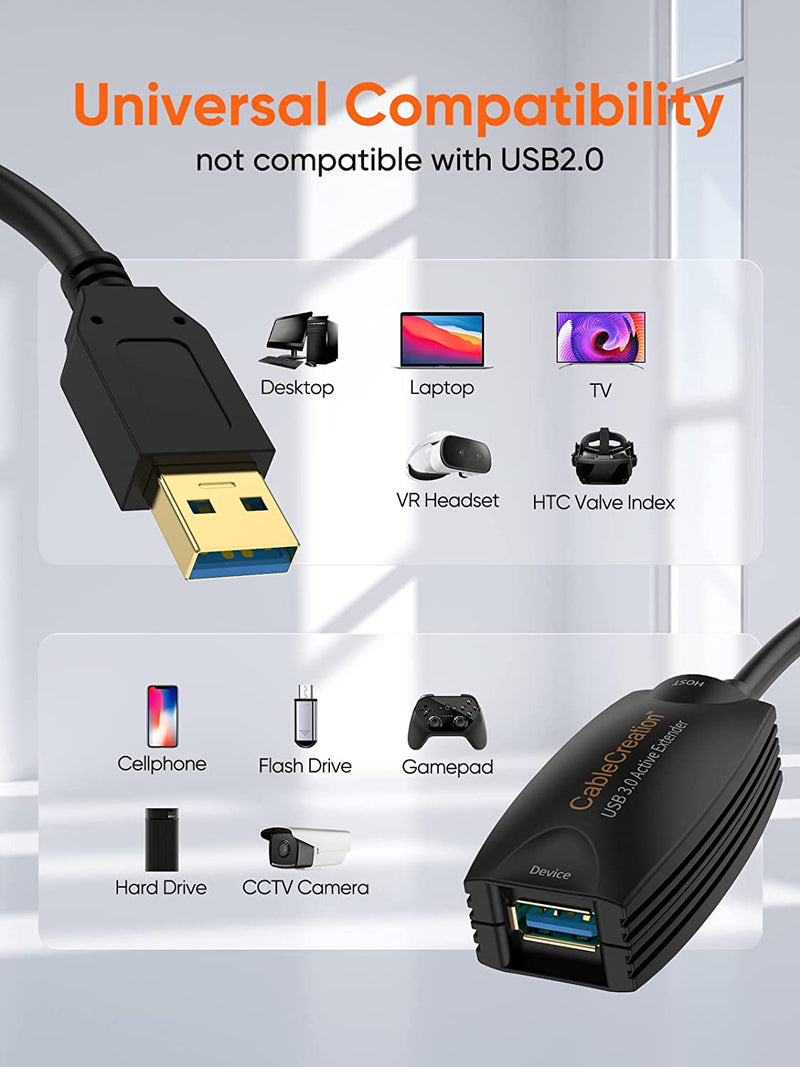 Cablecreation Active USB 3.0 Extension Cable, 5 M USB Male to Female Cable with Signal Amplification Compatible with Oculus Rift/Quest/Quest 2 Vr/Link, Valve Index VR, Xbox One, Printers Etc. Black