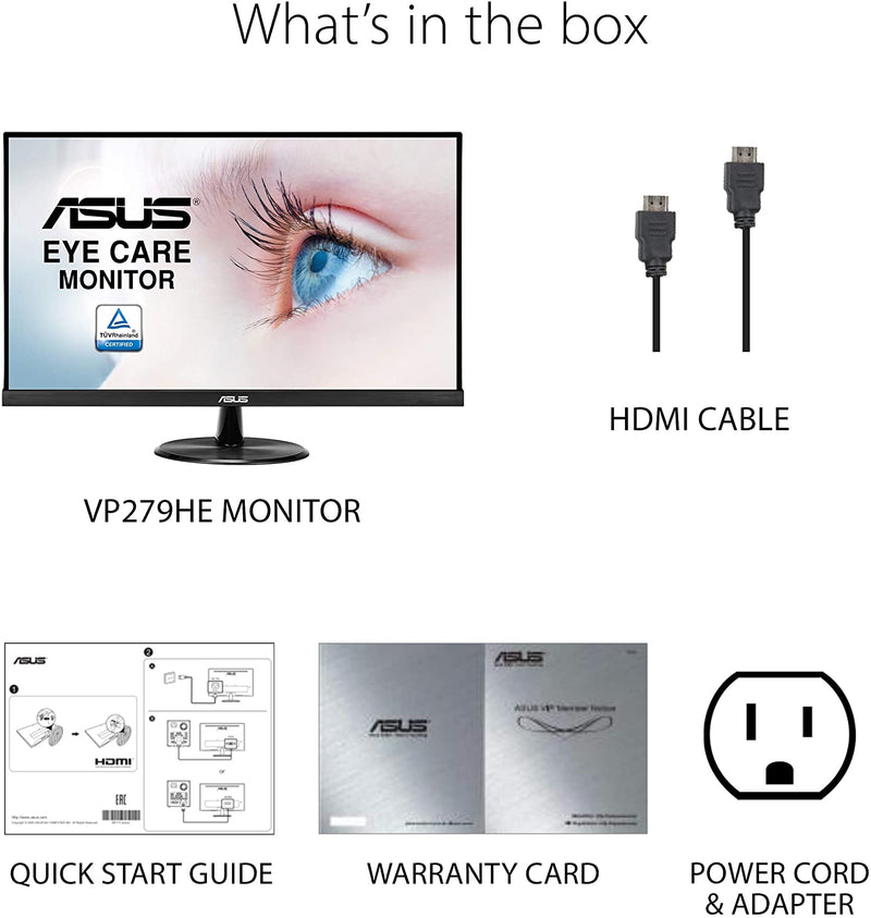 ASUS VP279HE 27” Monitor, 1080P Full HD, 75Hz, IPS, Adaptive-Sync/Freesync, Eye Care, HDMI VGA, Frameless, Low Blue Light, Flicker Free, VESA Wall Mountable