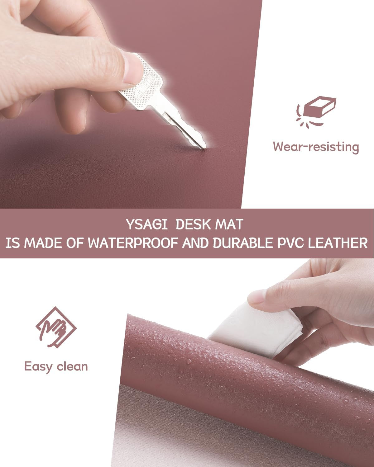 Ysagi Non-Slip Leather Desk Pad L Size, Waterproof Laptop Computer Desk Keyboard Mat, Table Protector Blotter Mat, Large Mouse Pad for Office/Work/Home/Decor(Dark Pink, 35.4" X 17")