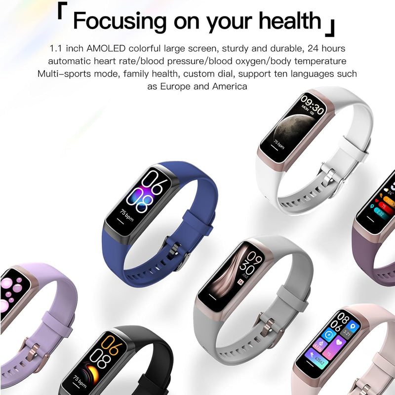 Health and Fitness Tracker for Men and Women, AMOLED Display, Compatible with Android & iOS, Features Blood Pressure Monitoring, Calorie Tracking, Alarm, Stopwatch, and IP68 Waterproof Rating