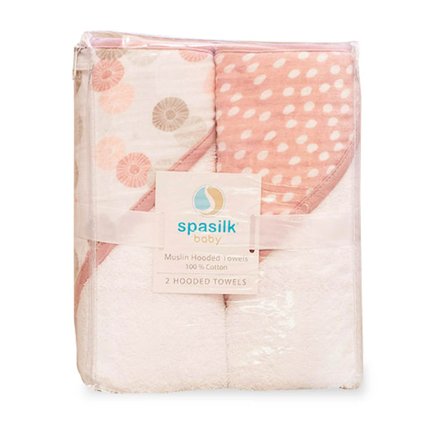 Baby Hooded Towel Bath Set, Muslin Printed Hood, Pack of 2, Pink Shells