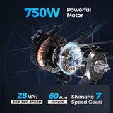 Eahora Electric Bike 750W Electric Mountain Bike 26In, 31MPH Adults Ebike with Full Suspension and Hydraulic Brakes, USB Color Display, 48V 15Ah Battery, 4.0'' Fat Tires E-MTB