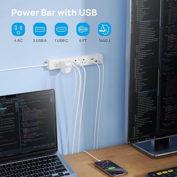 TROND Surge Protector Power Strip with USB, Ultra Thin Flat Plug 6Ft Extension Cord 1625W, 3 USB a & 1 Type C, 4 AC Outlets 1440J Surge Protection ETL Listed, Wall Mount for Home Office Dorm, White