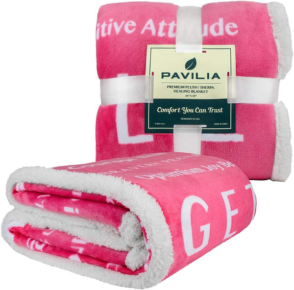 PAVILIA Healing Blanket Sherpa Fleece, Get Well Soon Gift, Soft Hug Compassion Throw Blanket for Women Men, Comfort Caring Inspirational Patient Gift, Positive Thoughts Prayer Love Throw, 50X60 Pink