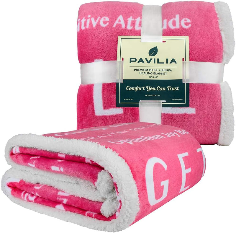 PAVILIA Healing Blanket Sherpa Fleece, Get Well Soon Gift, Soft Hug Compassion Throw Blanket for Women Men, Comfort Caring Inspirational Patient Gift, Positive Thoughts Prayer Love Throw, 50X60 Pink