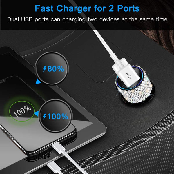 Otostar Dual USB Car Charger, 4.8A Output, Bling Crystal Diamond Car Decorations Accessories Fast Charging Adapter for Iphones Android Ios, Samsung Galaxy, LG, Nexus, HTC (Silver)