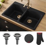 KRAUS Forteza 33-Inch Drop In/Undermount 50/50 Double Bowl Granite Kitchen Sink in Black, KGD-52BLACK
