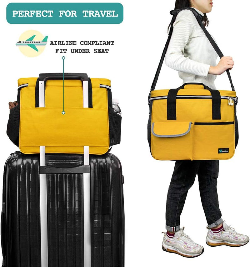 Petami Dog Travel Bag, Travel Pet Bag Organizer, Dog Food Travel Bag with Food Container and Bowls, Dog Travel Supplies Gift Accessories for Weekend Camping, Dog Cat Diaper Bag (Yellow, Medium)