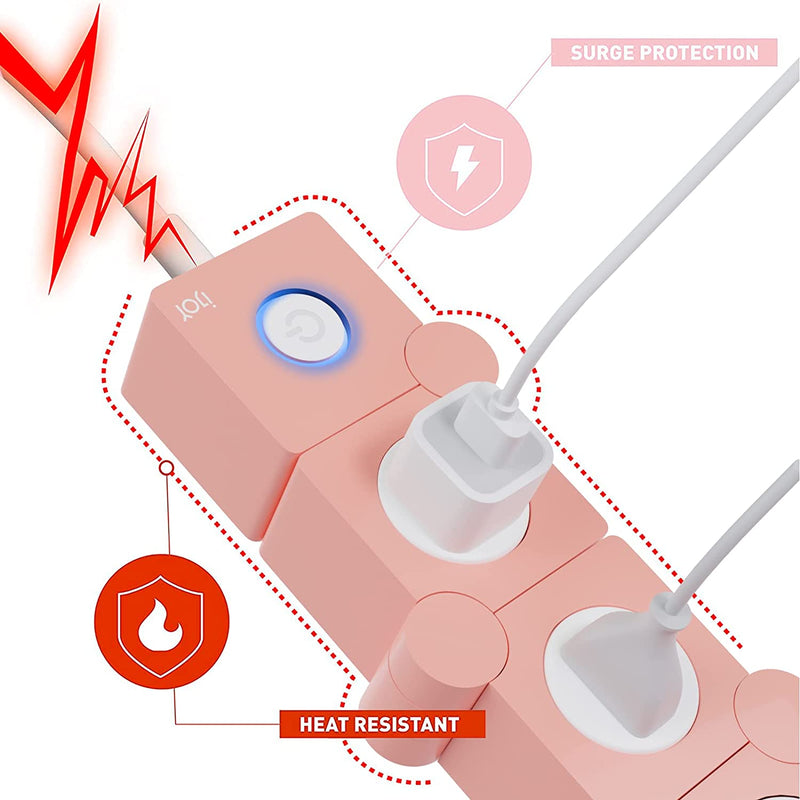 Ijoy Flexible Power Strip - 3 AC Outlets and 2 USB Charging Ports with Pink Extension Cord, Power Strips with Surge Protection, Decorative Surge Protector Outlet Extender for Home, Office, and More