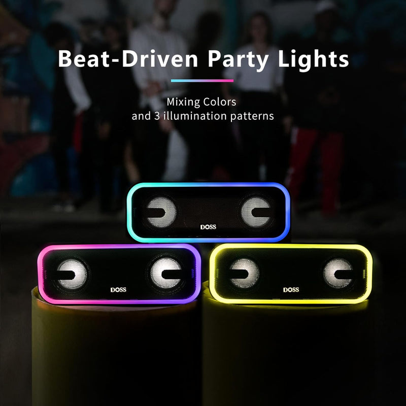 DOSS Soundbox Pro+ Bluetooth Speaker with 24W Impressive Sound, Booming Bass, IPX6 Waterproof, 15Hrs Playtime, Wireless Stereo Pairing, Mixed Colors Lights, 66 FT- Grey