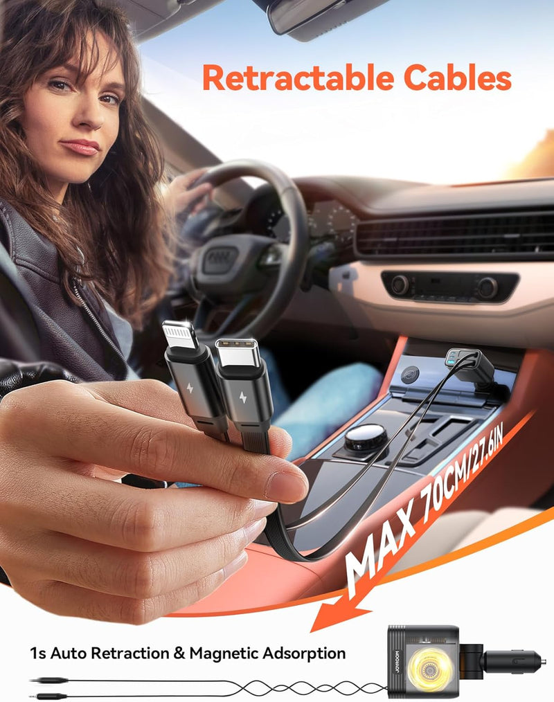 JOYROOM Retractable 5 Port 66W USB C Car Charger - Fast Charging for Iphone 16/15/14 Pro Max, Samsung S24
