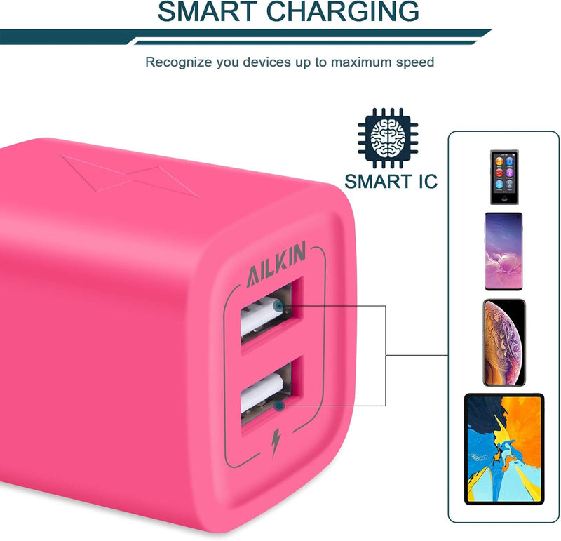 Wall Charger, AILKIN USB Plug Fast Charging Block, Power Adapter Cube 2 Port Charge Travel Brick Cell Quick Chargers Box for Iphone Samsung Galaxy USB Box Base Brick