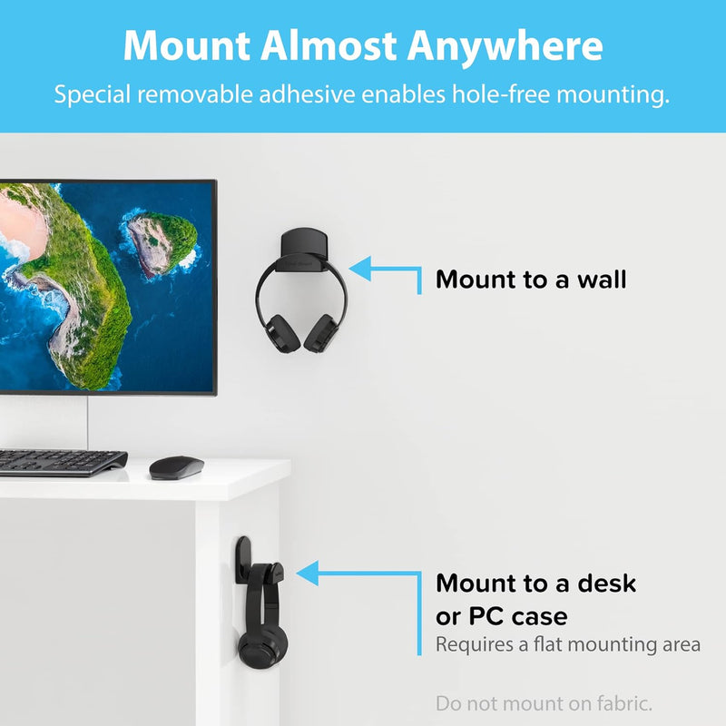 Totalmount Headphone Hanger – Includes Removable Adhesive Strips for Easy, Damage-Free Wall, Desk, or PC Mounting (Premium Black Headphone Hook – One Pack)