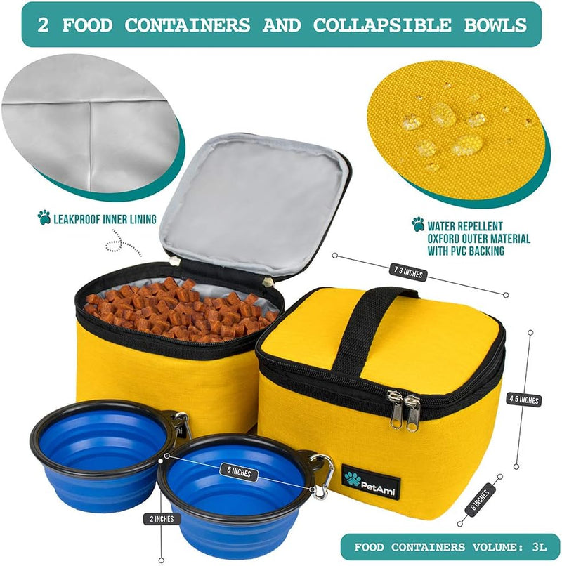 Petami Dog Travel Bag, Travel Pet Bag Organizer, Dog Food Travel Bag with Food Container and Bowls, Dog Travel Supplies Gift Accessories for Weekend Camping, Dog Cat Diaper Bag (Yellow, Medium)