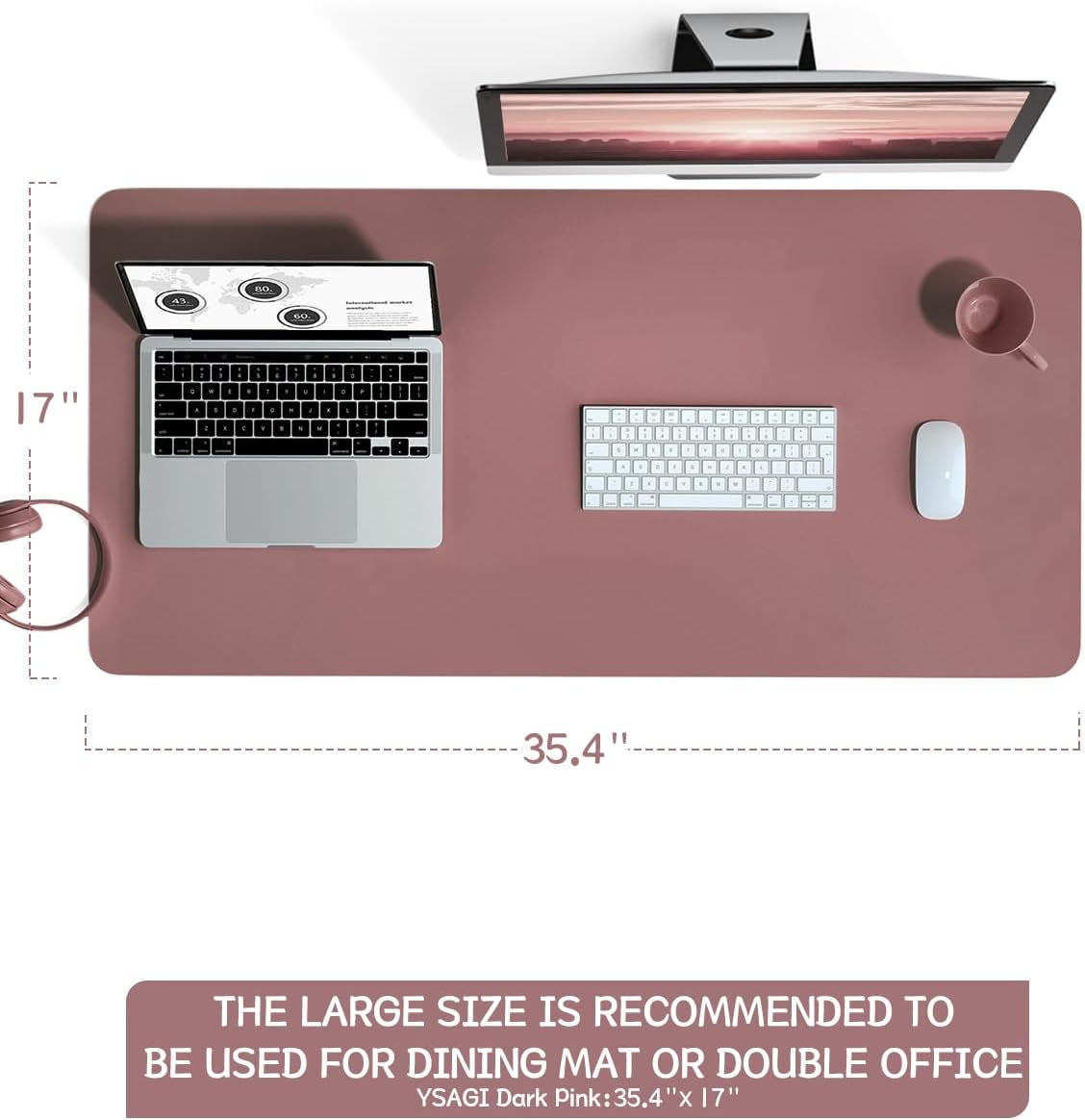 Ysagi Non-Slip Leather Desk Pad L Size, Waterproof Laptop Computer Desk Keyboard Mat, Table Protector Blotter Mat, Large Mouse Pad for Office/Work/Home/Decor(Dark Pink, 35.4" X 17")