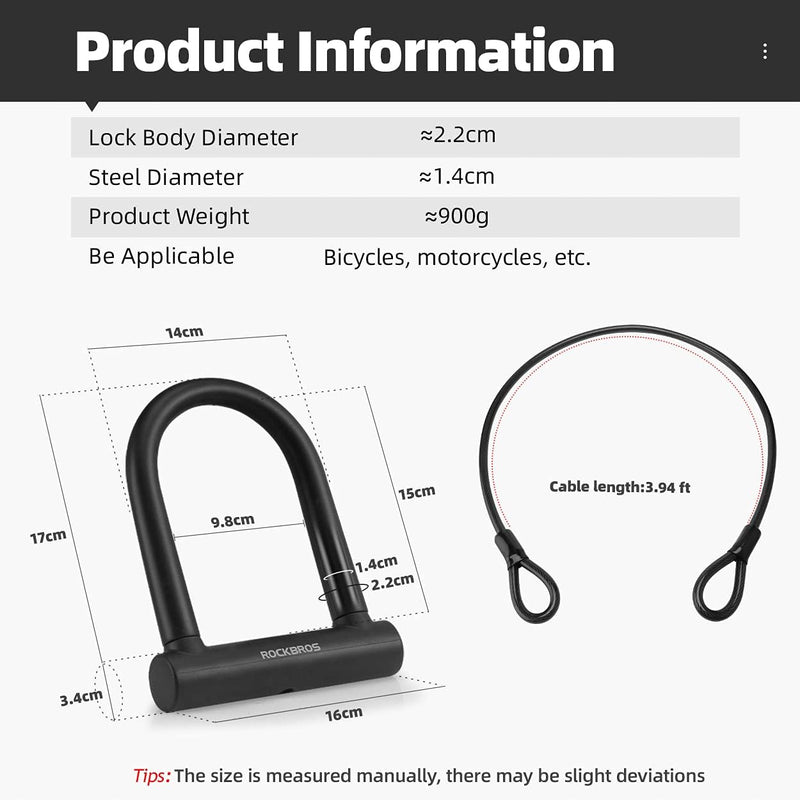 ROCKBROS U Lock Bike U Lock with Cable Heavy Duty anti Theft Bike Lock U-Lock 4 Ft Cable Mounting Bracket for Bikes Ebikes Motorcycles Scooters