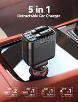 JOYROOM Retractable 5 Port 66W USB C Car Charger - Fast Charging for Iphone 16/15/14 Pro Max, Samsung S24