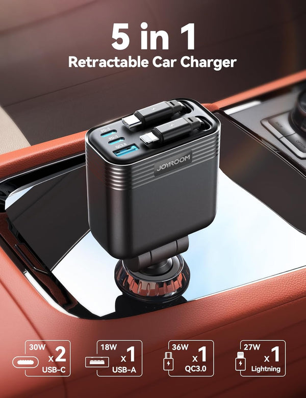 JOYROOM Retractable 5 Port 66W USB C Car Charger - Fast Charging for Iphone 16/15/14 Pro Max, Samsung S24