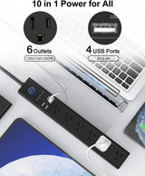 Surge Protector Power Strip with USB, AUOPLUS 10FT Outlet Strip, 6 Outlet and 4 USB Charger,[Flat Plug/Wall Mountable], 1250W/10A/2100J, Long Extension Cord for Computer Iphone Home Office Dorm