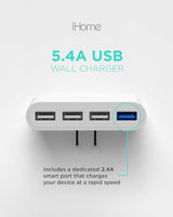 Ihome Slim 4-Port USB Wall Charger, AC Pro Multiport Plug Adapter, Phone Charging Block with 4 Ports, Flat USB Wall Adapter for Home & Travel