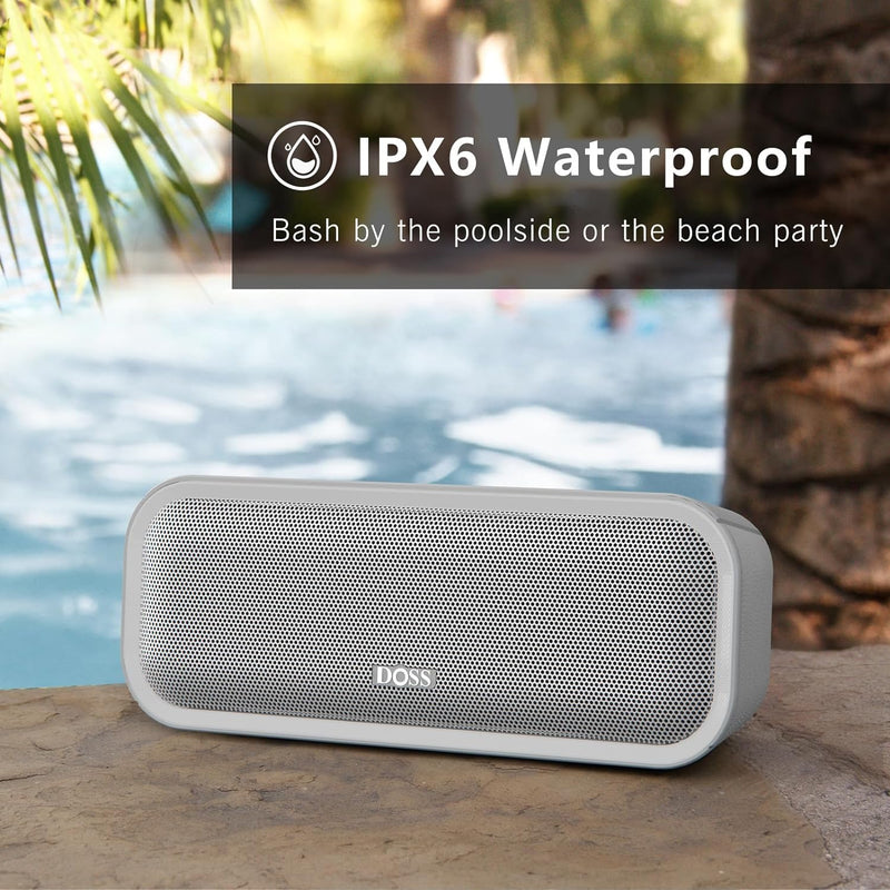 DOSS Soundbox Pro+ Bluetooth Speaker with 24W Impressive Sound, Booming Bass, IPX6 Waterproof, 15Hrs Playtime, Wireless Stereo Pairing, Mixed Colors Lights, 66 FT- Grey