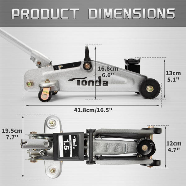 TONDA Floor Jack, Hydraulic Portable Car Lift Jack, 1.5 Ton (3,000 Lb) Capacity (Silver)