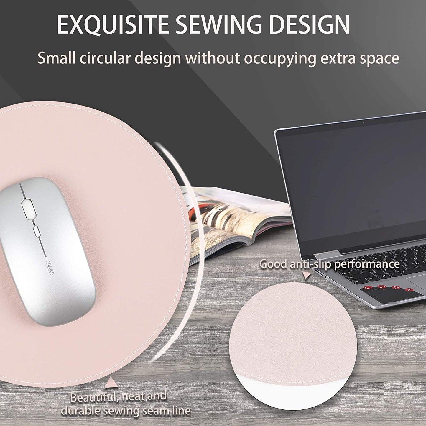 Ysagi 2 Pack Ultra Thin Waterproof PU Leather Mouse Pad,Stitched Edges,Works for Computers, Laptop,All Types of Mouse Pad, Office/Home(8.66'', 2 Pack, Pink)