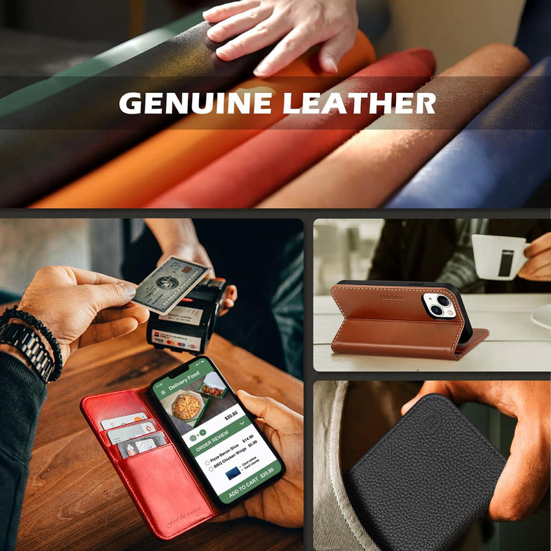 SHIELDON Case for Iphone 13, Genuine Leather Wallet Folding Case with Kickstand RFID Blocking Card Slots Magnetic Shockproof Cover Compatible with Iphone 13 5G (6.1" 2021) - Midnight Green