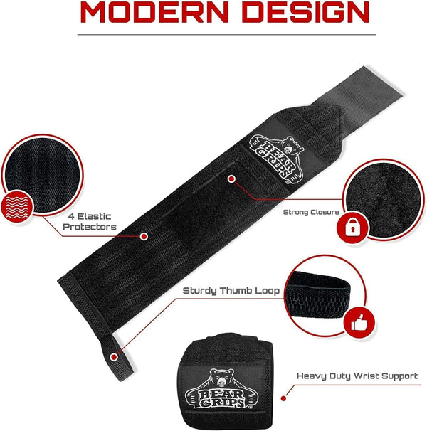 Bear Grips Wrist Wraps for Weightlifting | Weight Lifting Wrist Straps for Weightlifting | Extra Strength Gym Wrist Wraps | Two Wrist Wrap per Pack | 12” & 18” | Lifting Wrist Wraps for Men & Women
