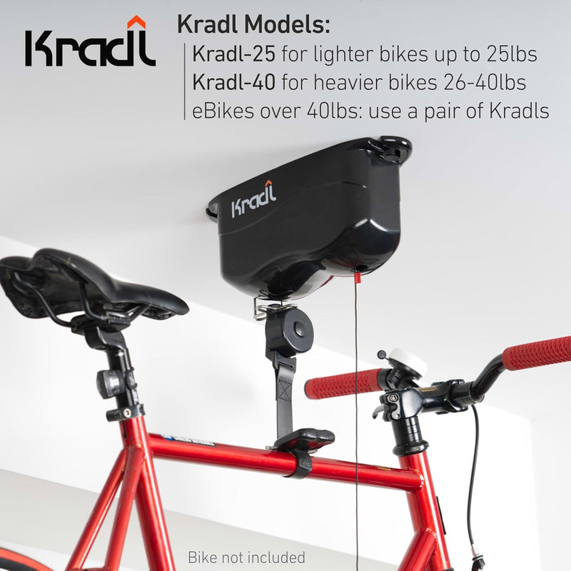 Kradl - Ceiling Mount Bike Lift and Rack. Bicycle Storage Hoist without Electricity, Clumsy Ropes or Pulleys.