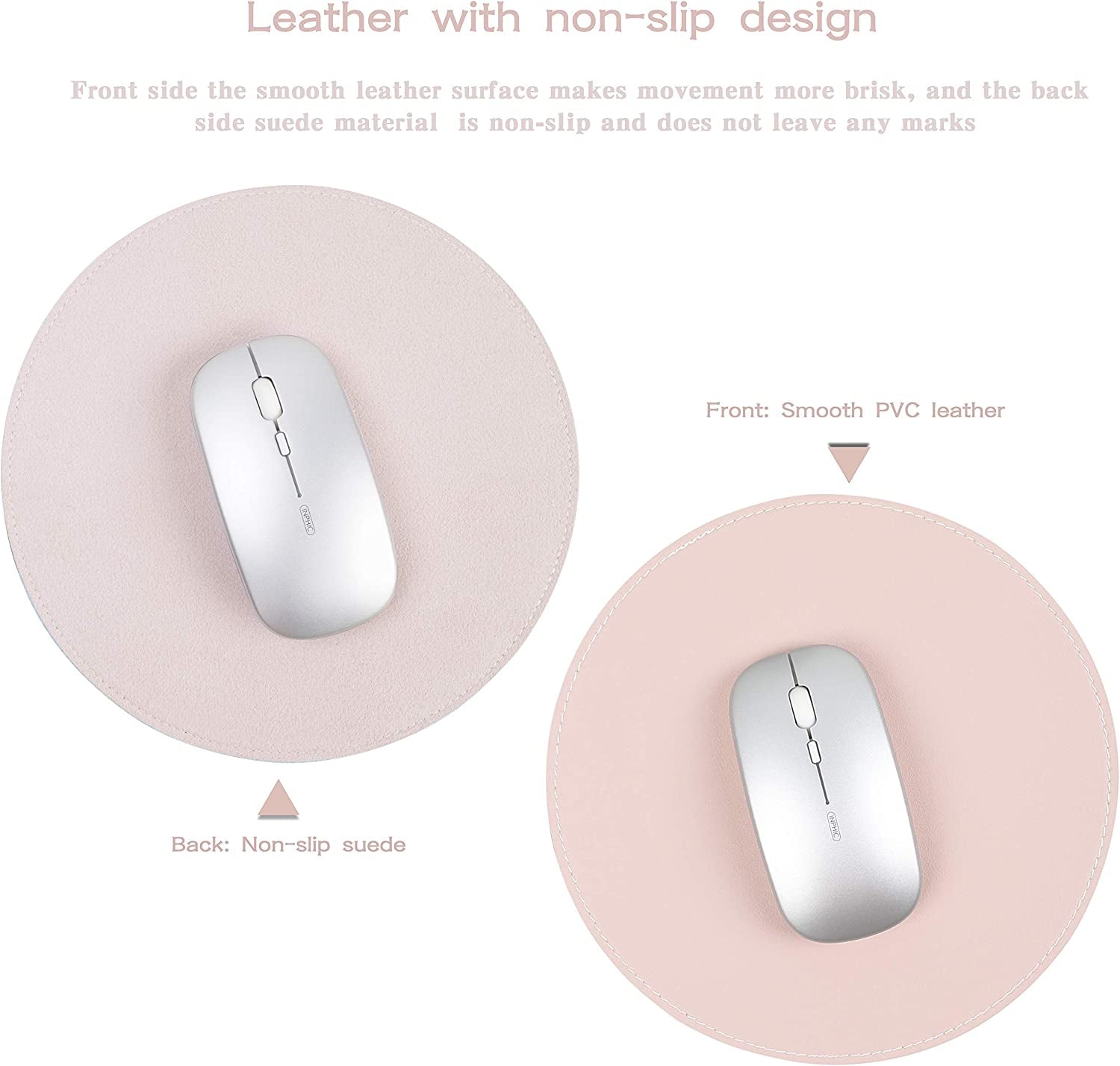 Ysagi 2 Pack Ultra Thin Waterproof PU Leather Mouse Pad,Stitched Edges,Works for Computers, Laptop,All Types of Mouse Pad, Office/Home(8.66'', 2 Pack, Pink)