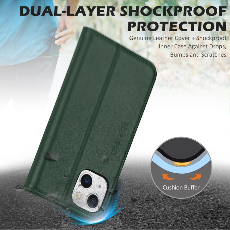 SHIELDON Case for Iphone 13, Genuine Leather Wallet Folding Case with Kickstand RFID Blocking Card Slots Magnetic Shockproof Cover Compatible with Iphone 13 5G (6.1" 2021) - Midnight Green