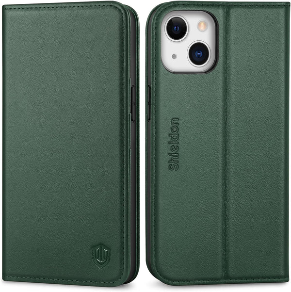 SHIELDON Case for Iphone 13, Genuine Leather Wallet Folding Case with Kickstand RFID Blocking Card Slots Magnetic Shockproof Cover Compatible with Iphone 13 5G (6.1" 2021) - Midnight Green