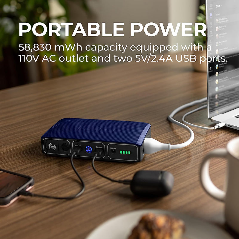 HALO Bolt 58830 ACDC Portable Car Battery Jump Starter | 58.8Wh USB Power Bank with AC Outlet, Emergency Floodlight & Charger, Jumps Cars Suvs & Trucks, Powers Phones & Laptops, TSA Approved — Blue