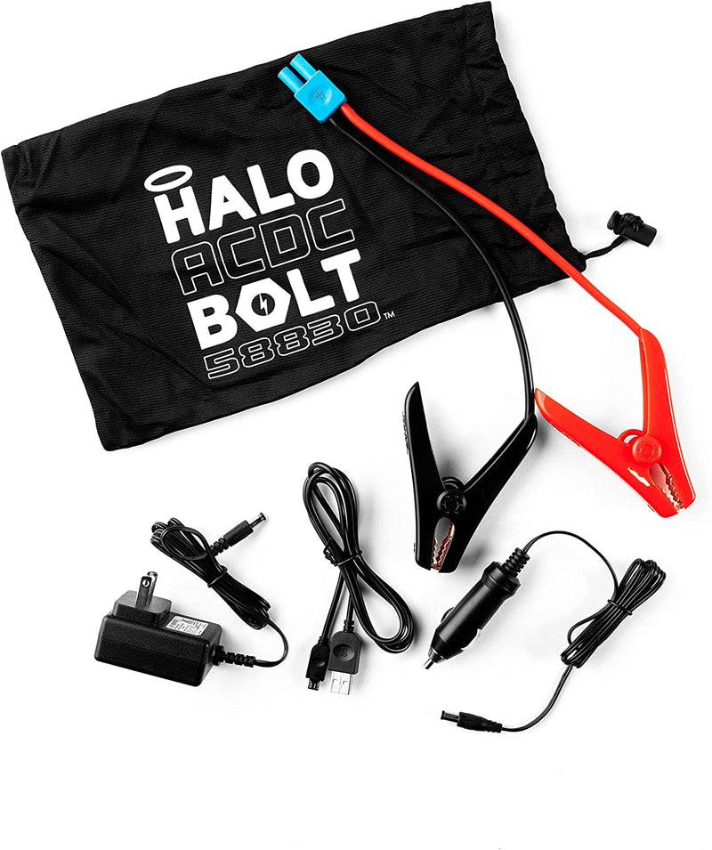 HALO Bolt 58830 ACDC Portable Car Battery Jump Starter | 58.8Wh USB Power Bank with AC Outlet, Emergency Floodlight & Charger, Jumps Cars Suvs & Trucks, Powers Phones & Laptops, TSA Approved — Blue