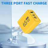 65W Gan USB C Charger 3 Ports Fast Charging Type C Phone Charger Adapter for Iphone 15 Samsung Xiaomi Huawei Quick Wall Charger